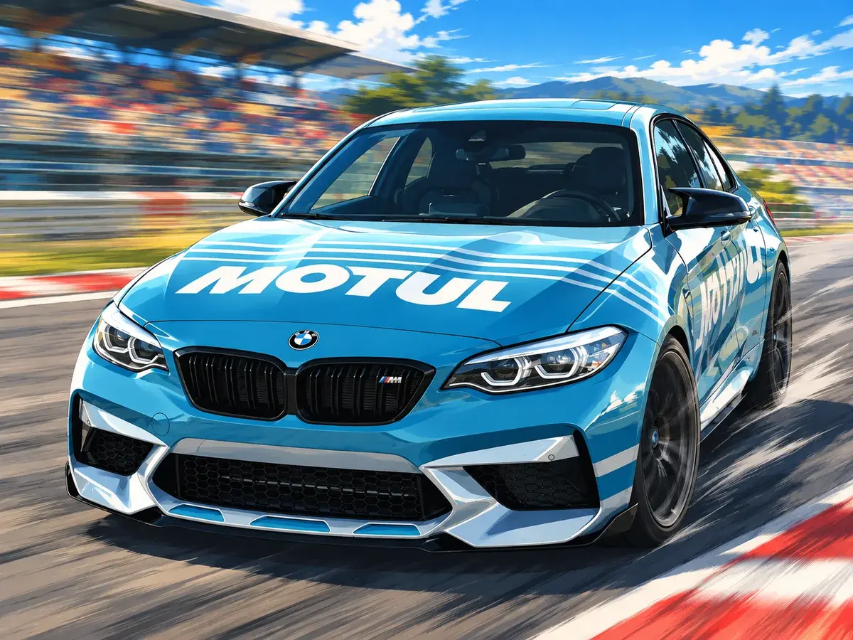 Der BMW M2 aus dem Originalfoto samt MOTUL-Folie als KI-Bild auf der Rennstrecke