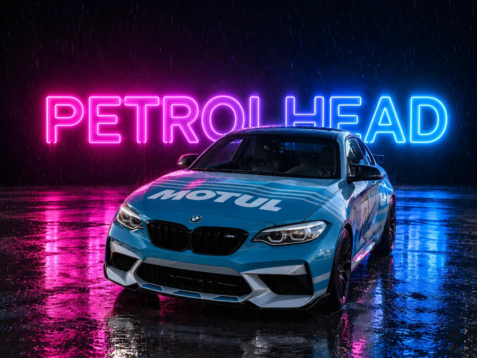 Der BMW M2 aus dem Originalfoto samt MOTUL-Folie als KI-Bild bei Nacht vor einem Neon-Schild