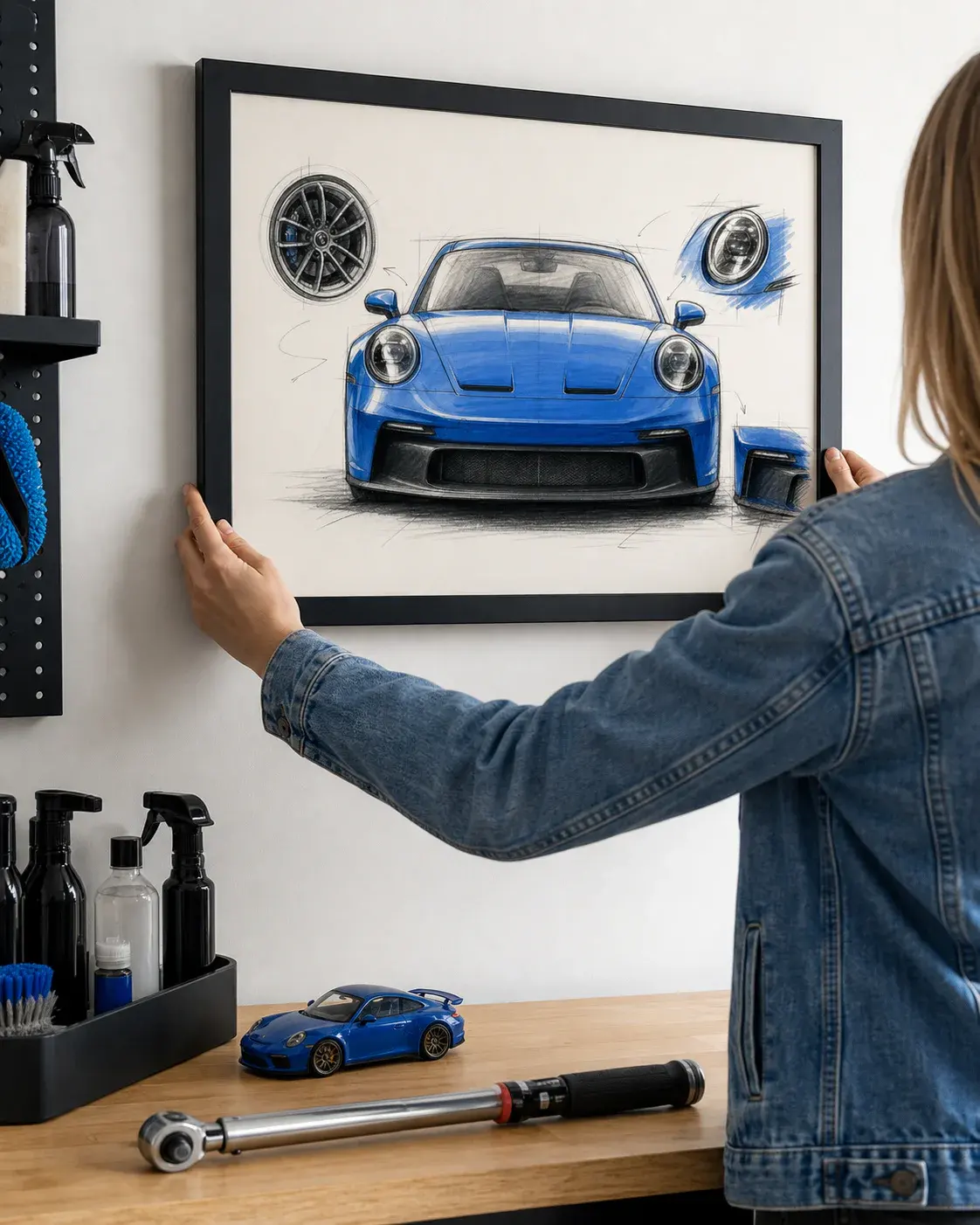 Ein gerahmtes Bild eines blauen Porsche wird über einer Werkbank aufgehängt
