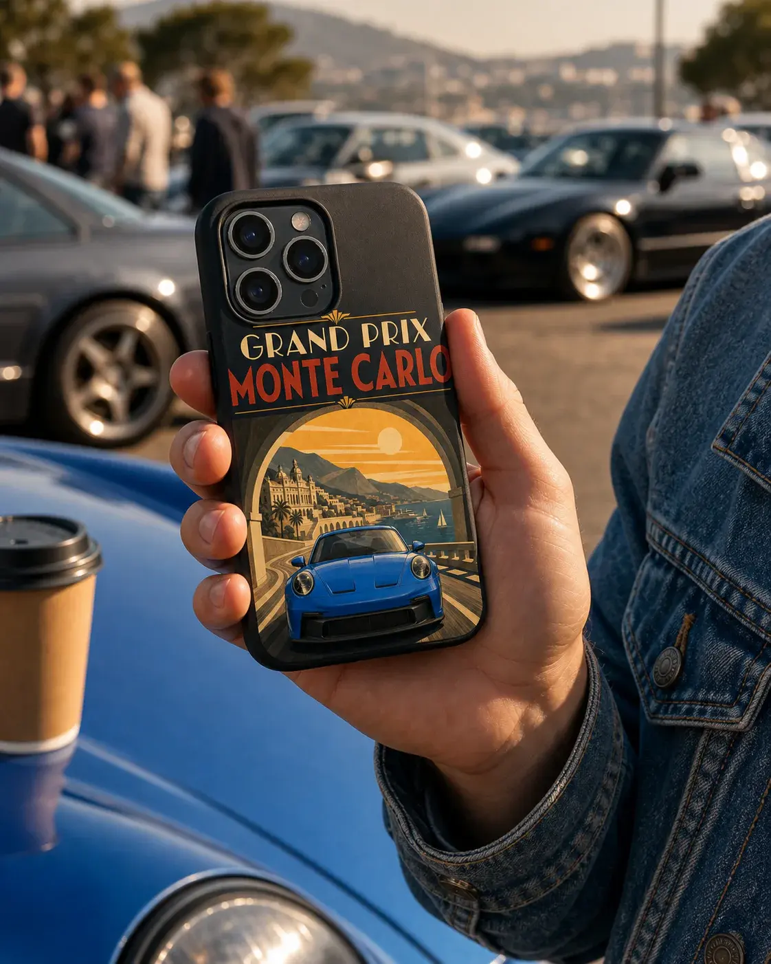 Handyhülle mit einem blauen Porsche im Stil eines alten Grand-Prix-Plakats, in der Hand auf einem Autotreffen