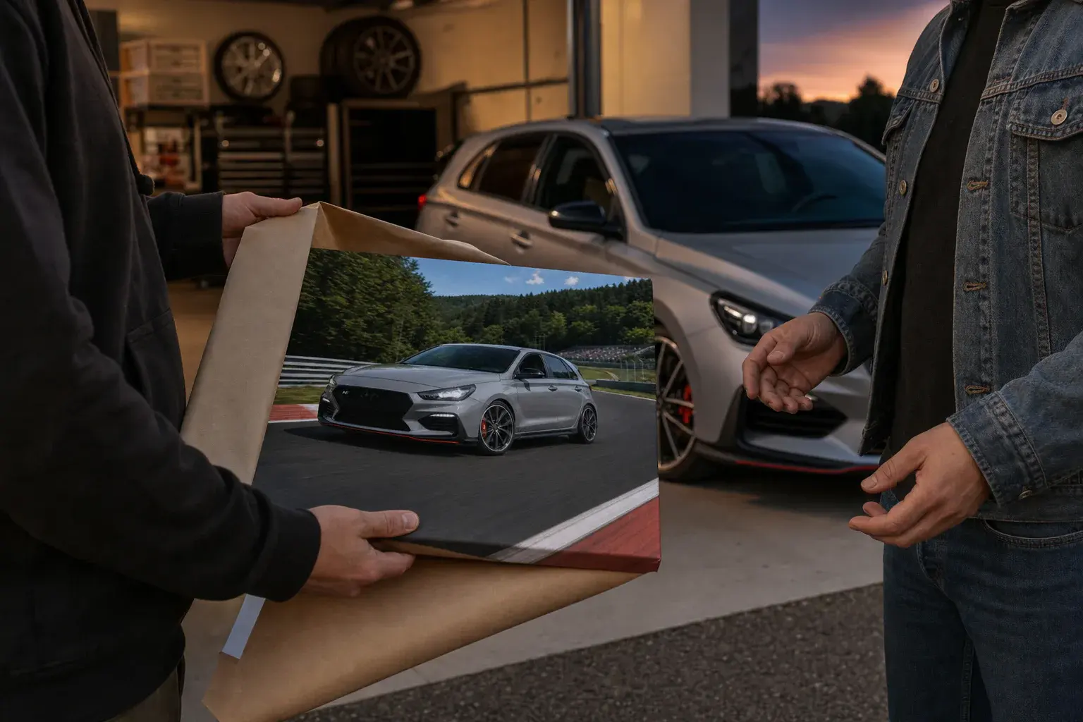 Eine Leinwand mit einem grauen Kompaktsportwagen wird übergeben, dahinter parkt genau dieses Auto