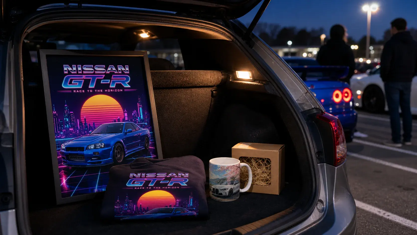 Offener Kofferraum bei einem abendlichen Autotreffen, darin ein Poster, ein Hoodie und eine Tasse mit demselben Auto