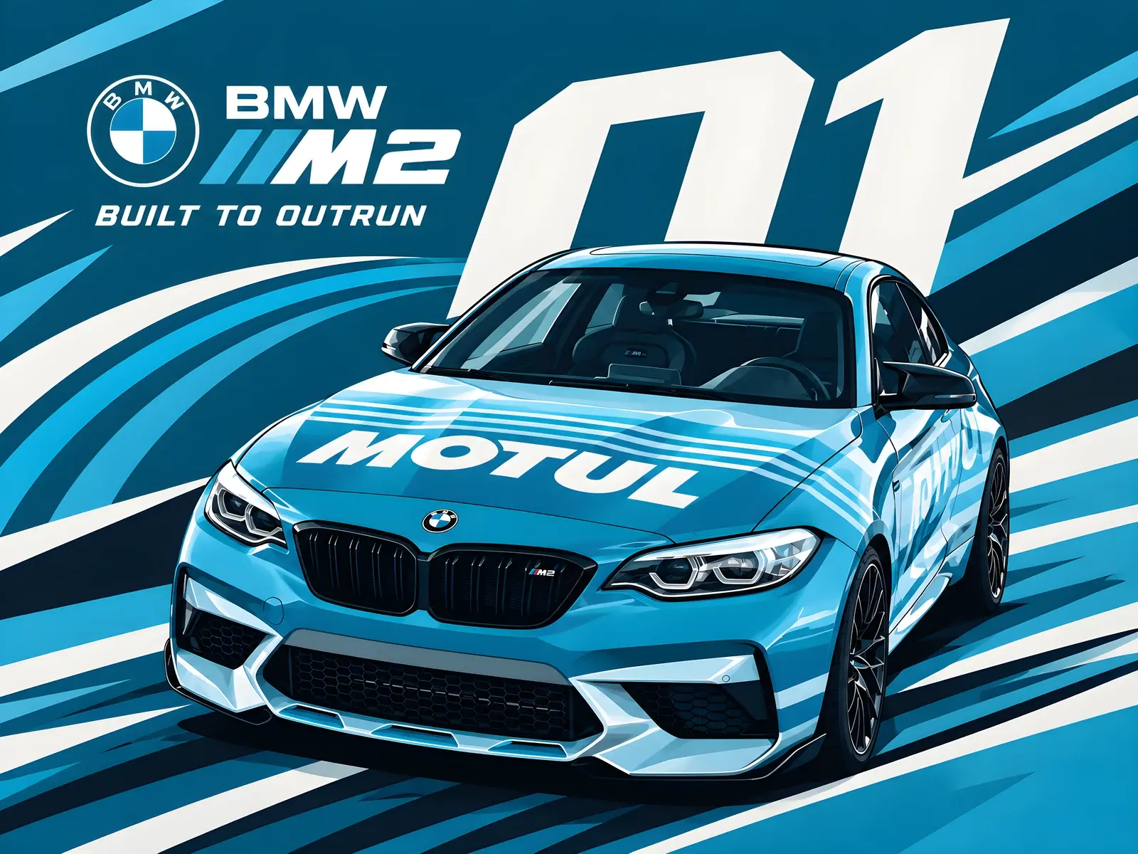 Der BMW M2 aus dem Originalfoto samt MOTUL-Folie als KI-Bild im Stil Racing Edition